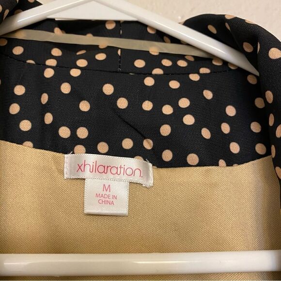 Black tan Polka Dot Blazer open Cardigan jacket suit 3/4 ruched sleeve -M - Picture 9 of 11